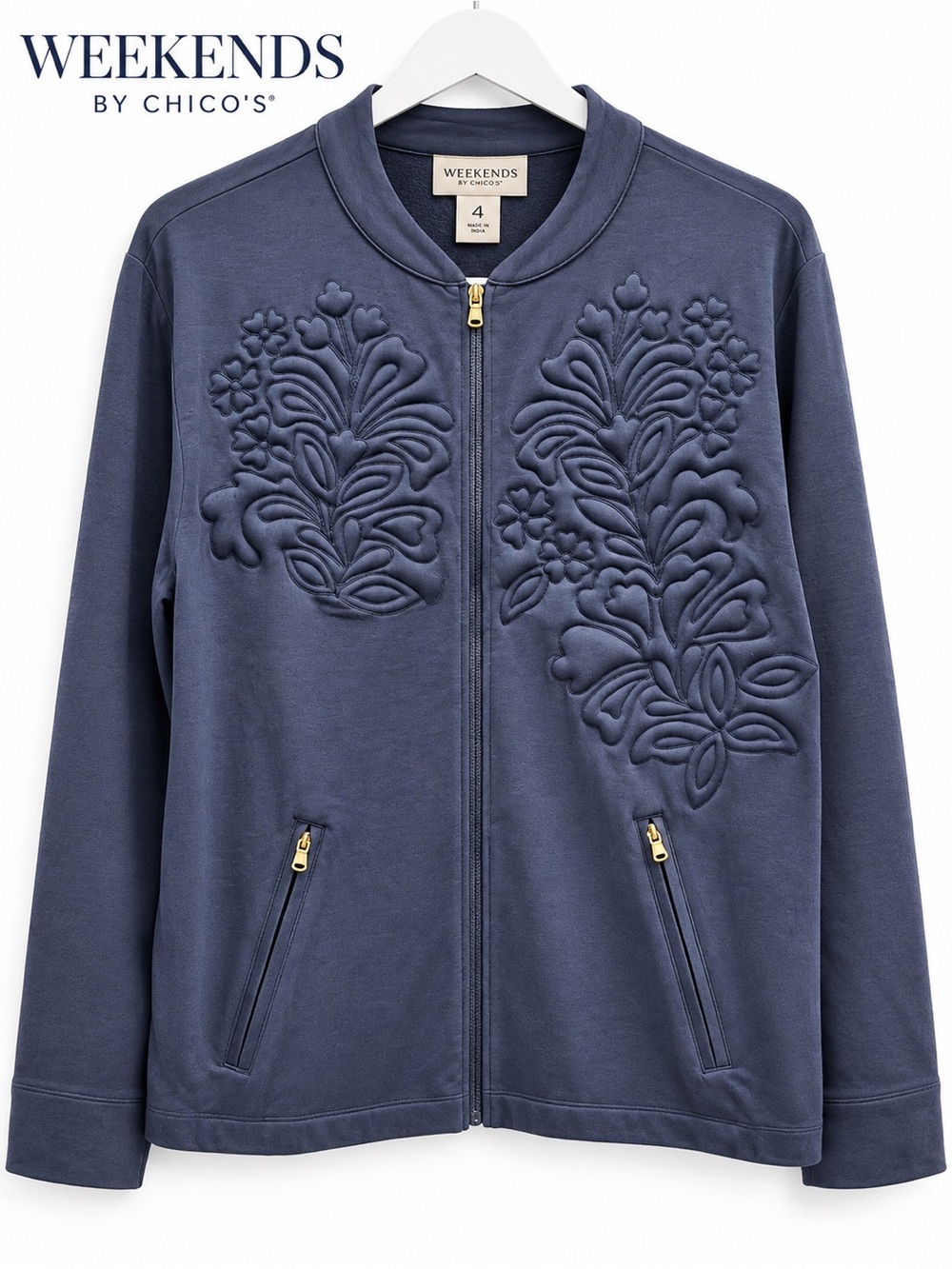 Weekends by Chico’s Navy Blue Floral Full Zip Jacket Sweatshirt Size 4